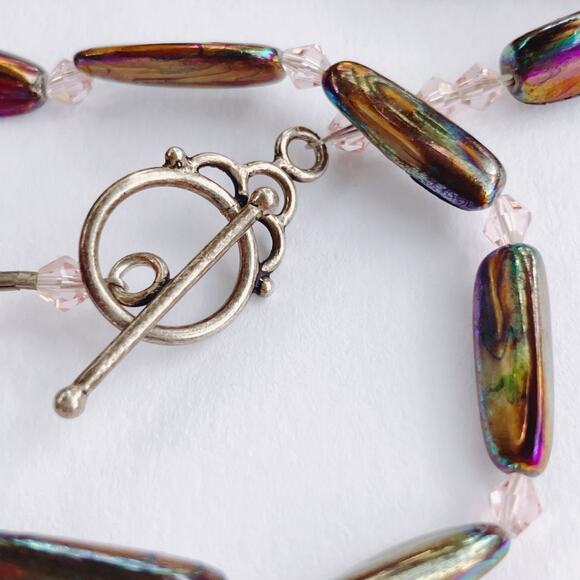 Y2K Iridescent Stick Pearl Necklace AB Resin Beads Long Layering Toggle Clasp - Picture 8 of 11